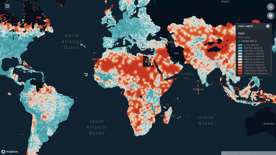 Global output, color representing distance to nearest healthsite.